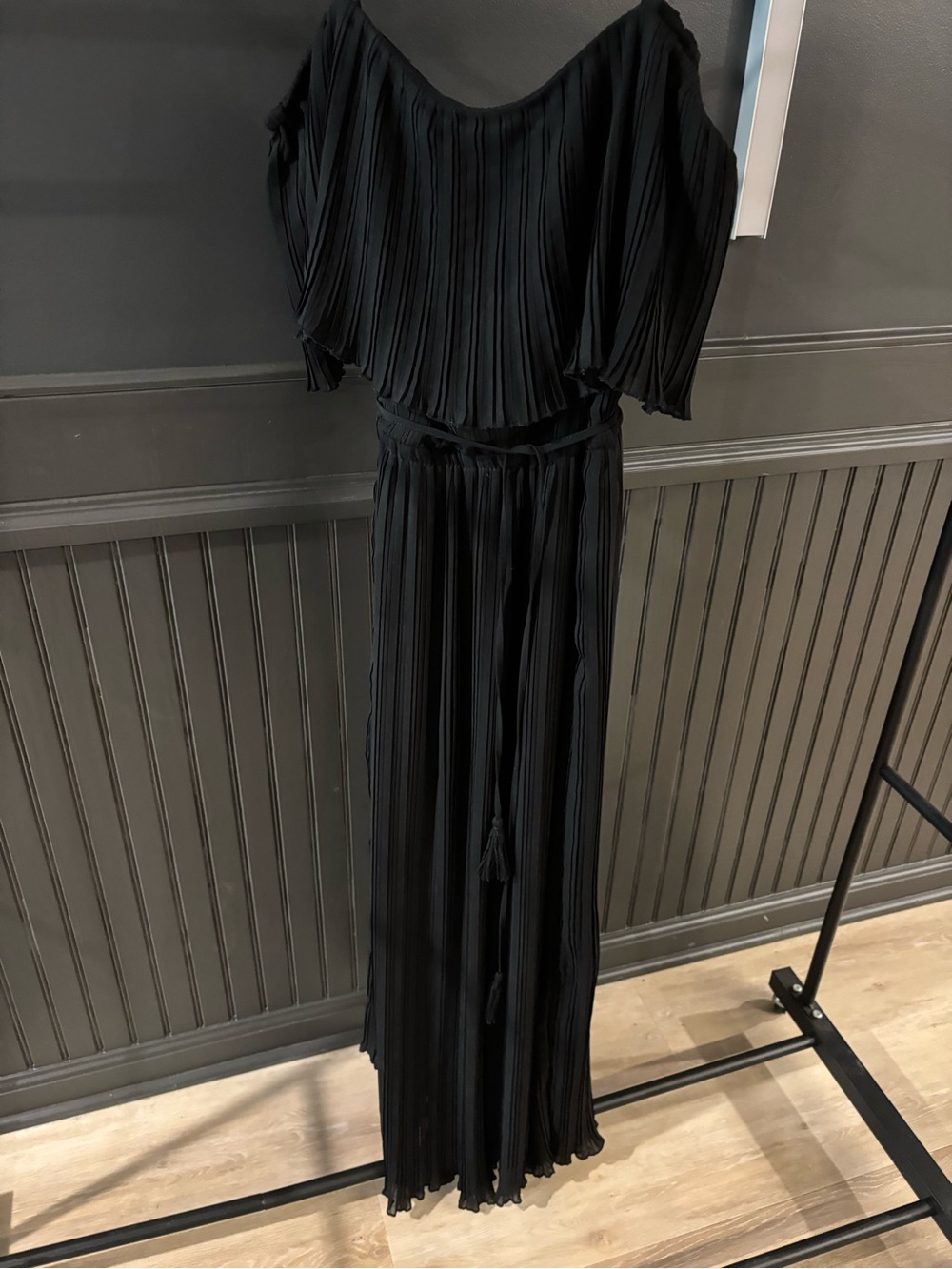 ABS by Allen Schwartz black pleated off the shoulder midi dress. Small.